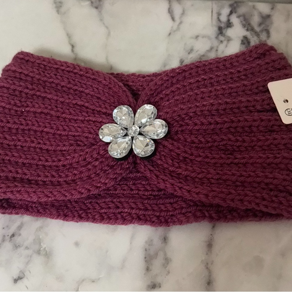 Elegant Plum Knit Headband with Crystal Flower